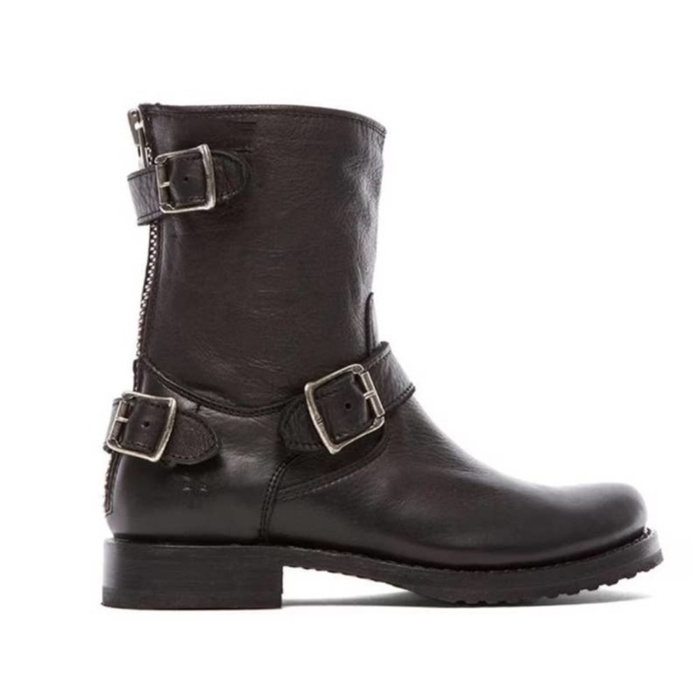 Frye Women’s Black Leather Buckle Boots 7.5 vintage Veronica Back Zipper combat